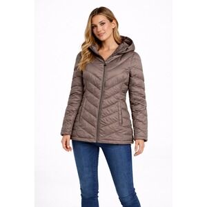 Calvin Klein‎ Packable Lightweight Down Hooded Puffer Coat Taupe Women Size S
